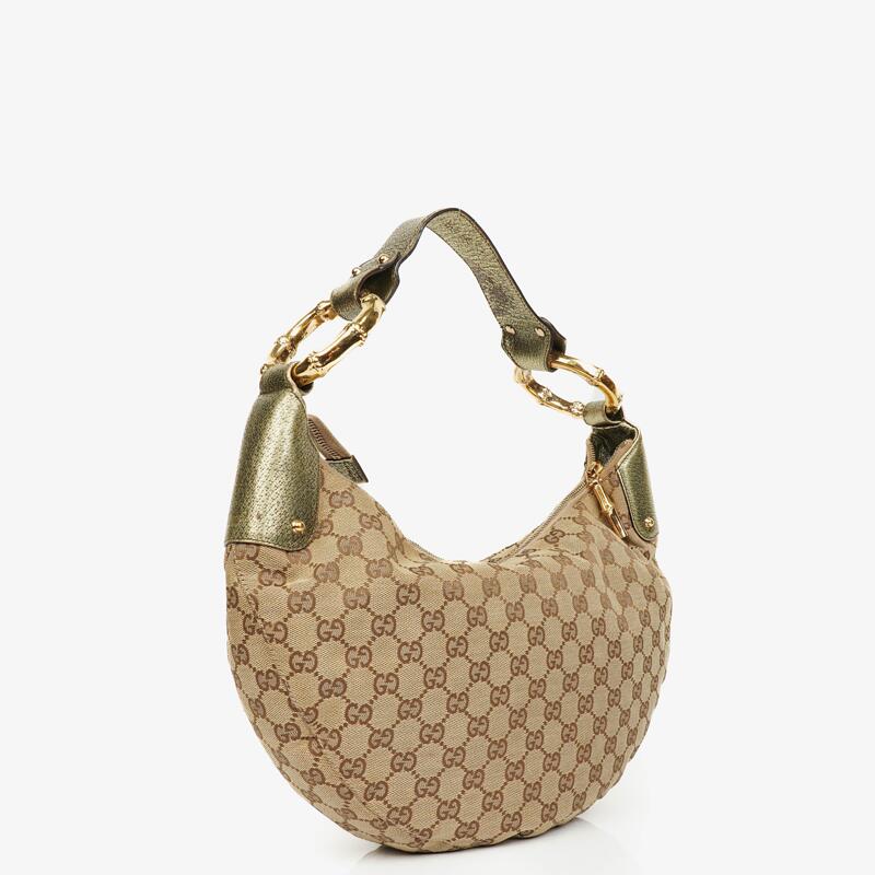 Gucci Beige/Ebony GG Canvas Green Metallic Bamboo Ring Hobo Bag