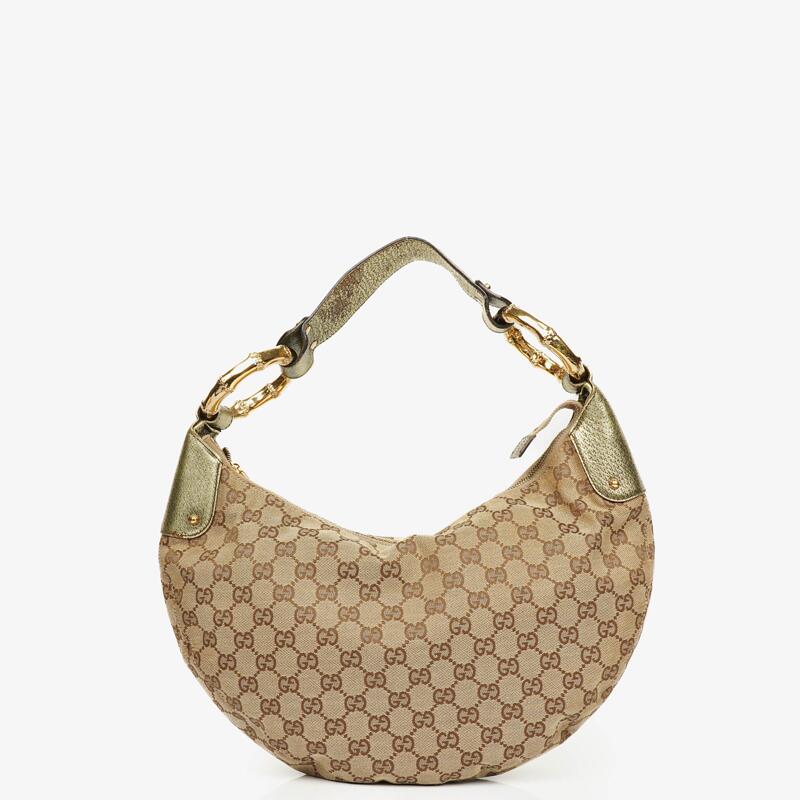 Gucci Beige/Ebony GG Canvas Green Metallic Bamboo Ring Hobo Bag