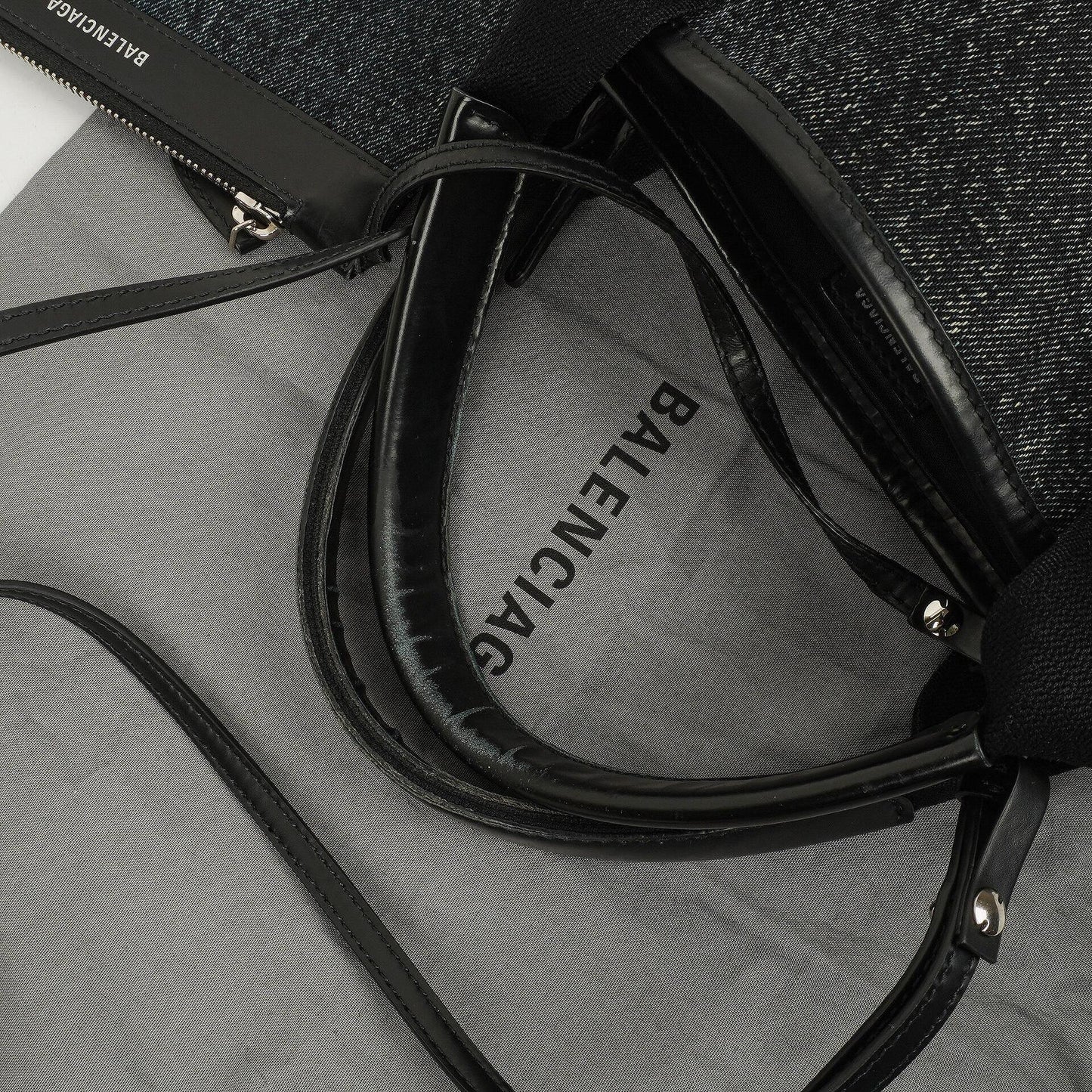 Balenciaga Navy Cabas XS Washed Black Denim Fabric Satin Calfskin Bag
