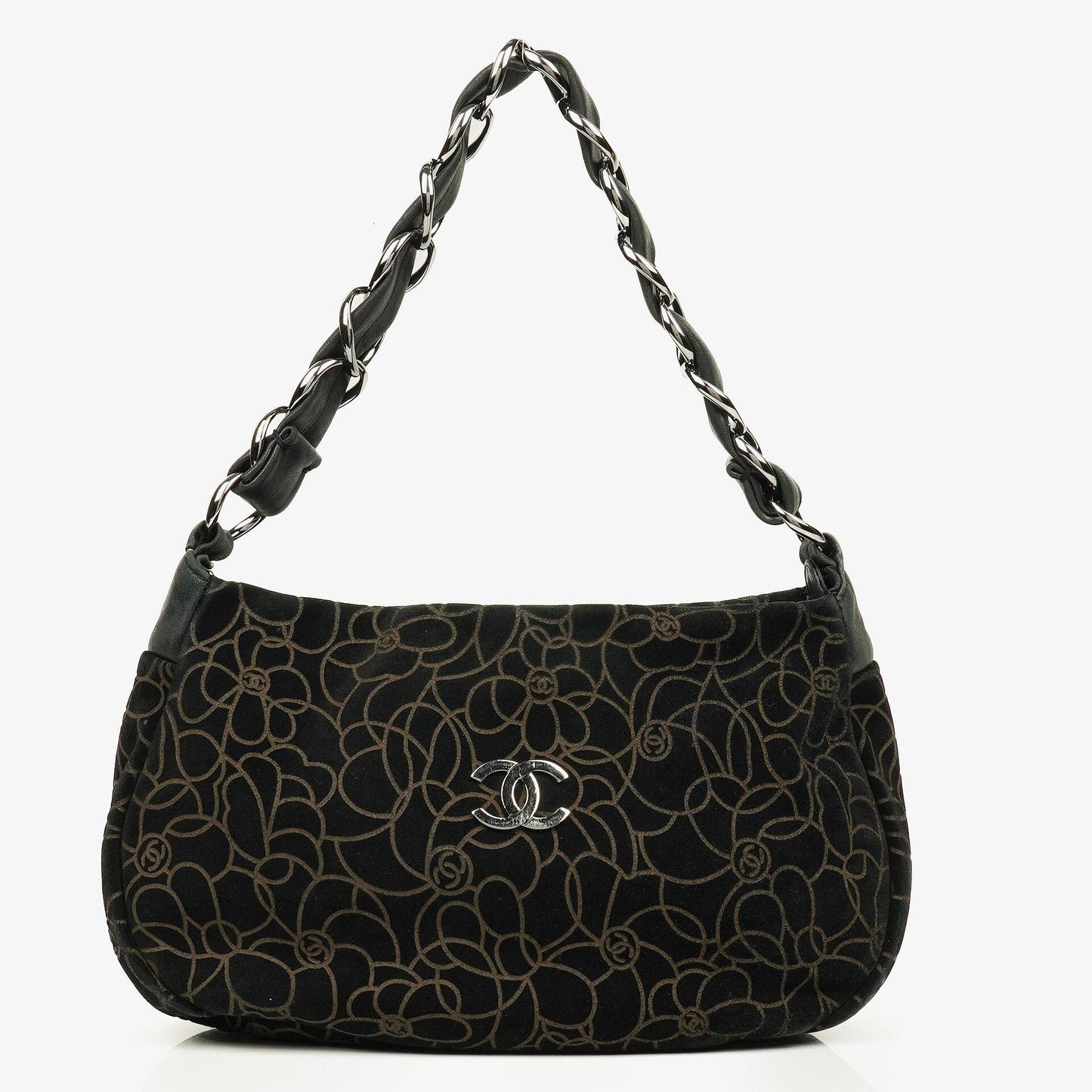 Chanel Camellia Chain Embossed Suede Shoulder Bag
