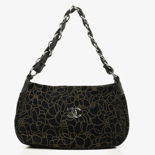 Chanel Camellia Chain Embossed Suede Shoulder Bag