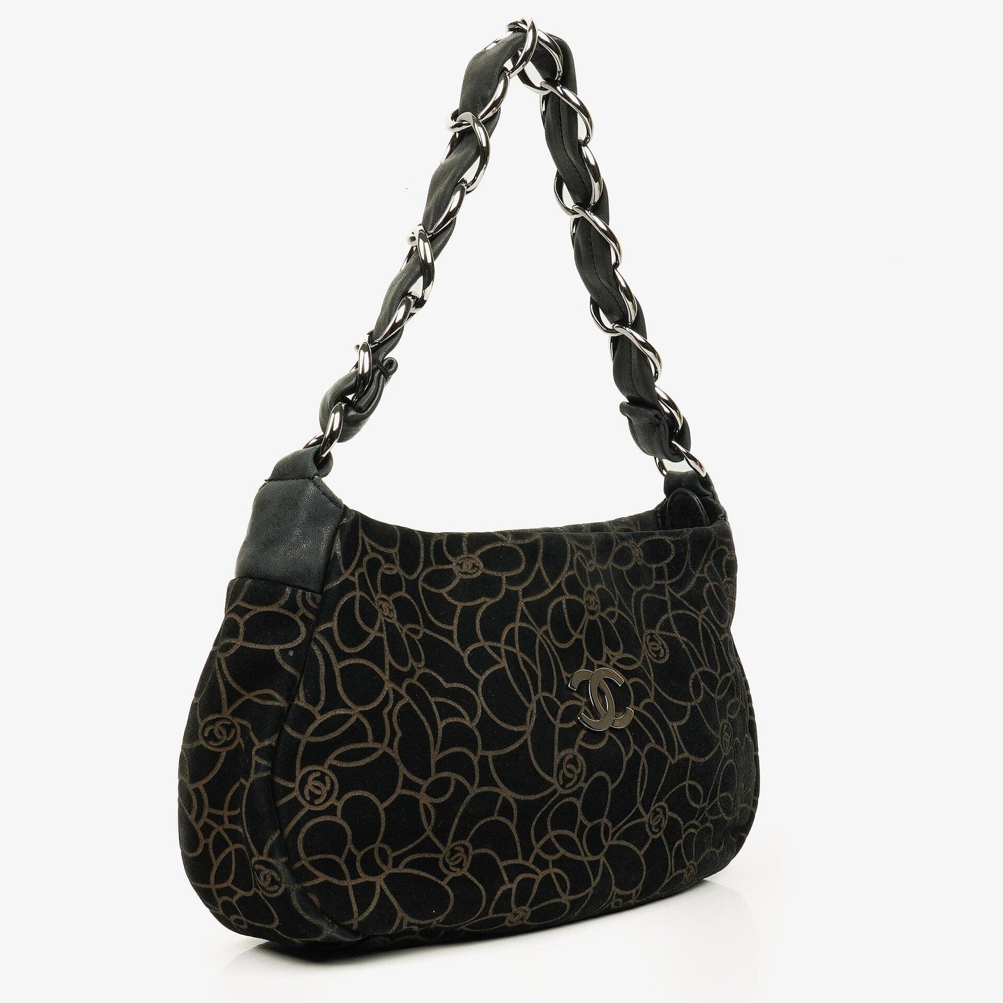 Chanel Camellia Chain Embossed Suede Shoulder Bag