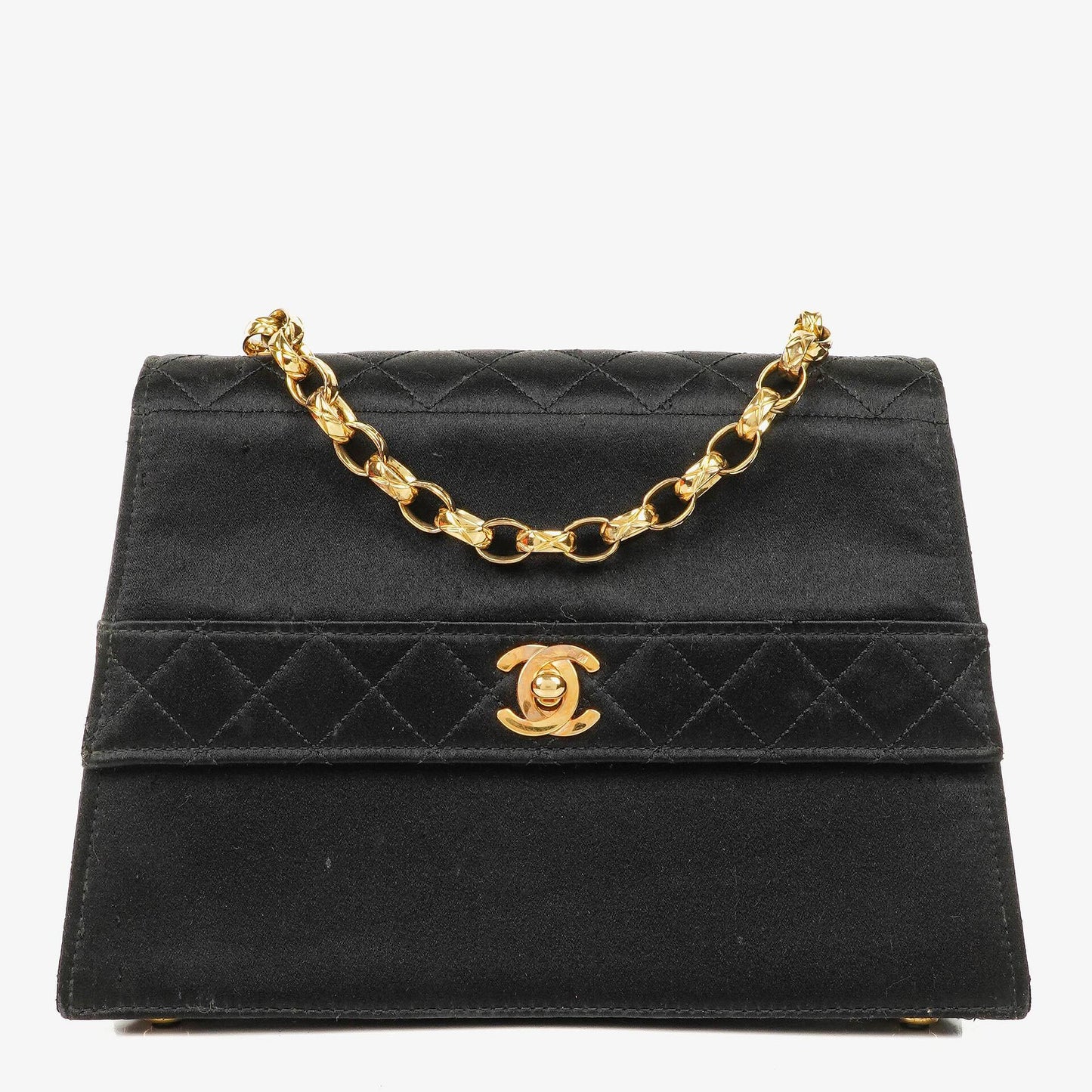 Chanel Vintage Trapezoid Single Flap Bag Black Quilted Satin With 24K Gold-Plated Hardware