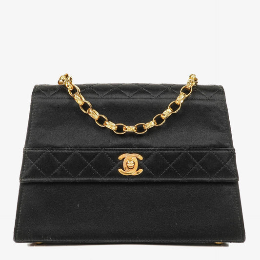 Chanel Vintage Trapezoid Single Flap Bag Black Quilted Satin With 24K Gold-Plated Hardware