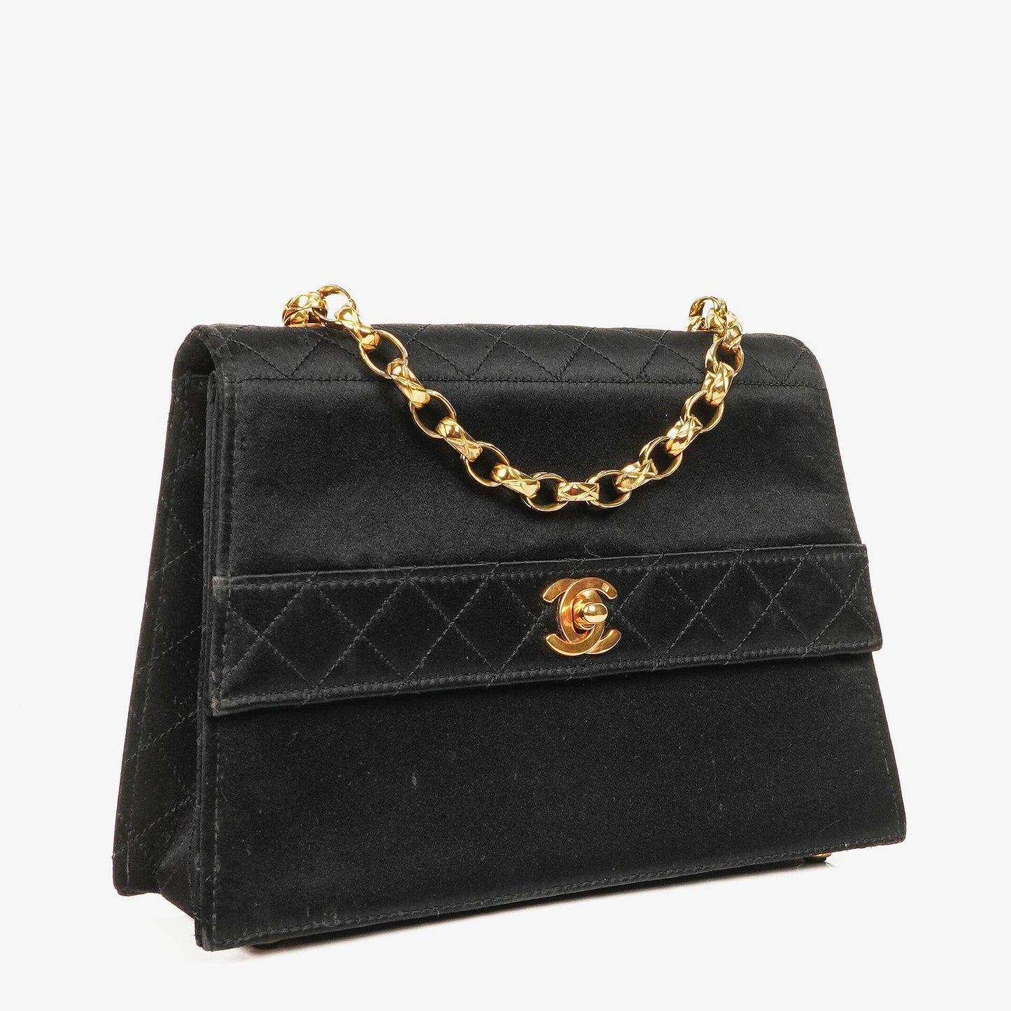 Chanel Vintage Trapezoid Single Flap Bag Black Quilted Satin With 24K Gold-Plated Hardware