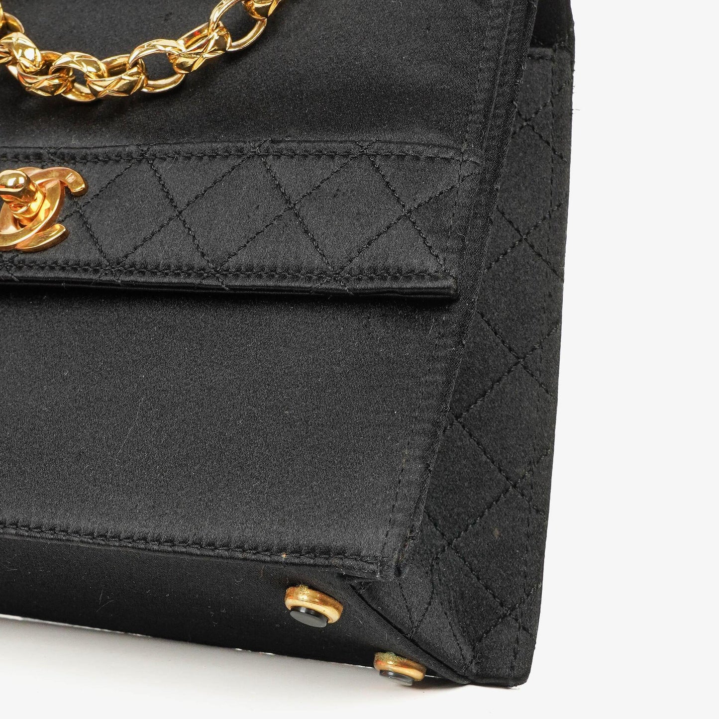 Chanel Vintage Trapezoid Single Flap Bag Black Quilted Satin With 24K Gold-Plated Hardware