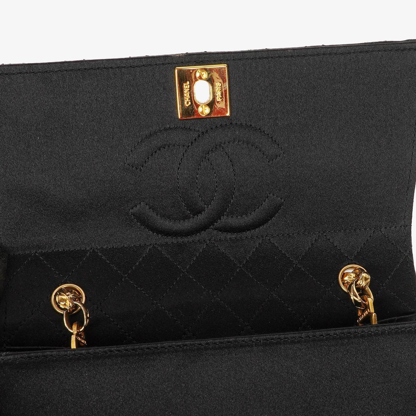 Chanel Vintage Trapezoid Single Flap Bag Black Quilted Satin With 24K Gold-Plated Hardware