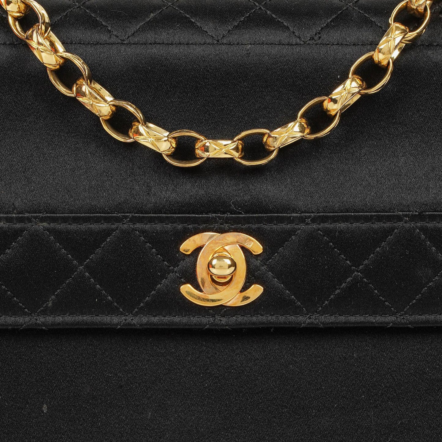 Chanel Vintage Trapezoid Single Flap Bag Black Quilted Satin With 24K Gold-Plated Hardware